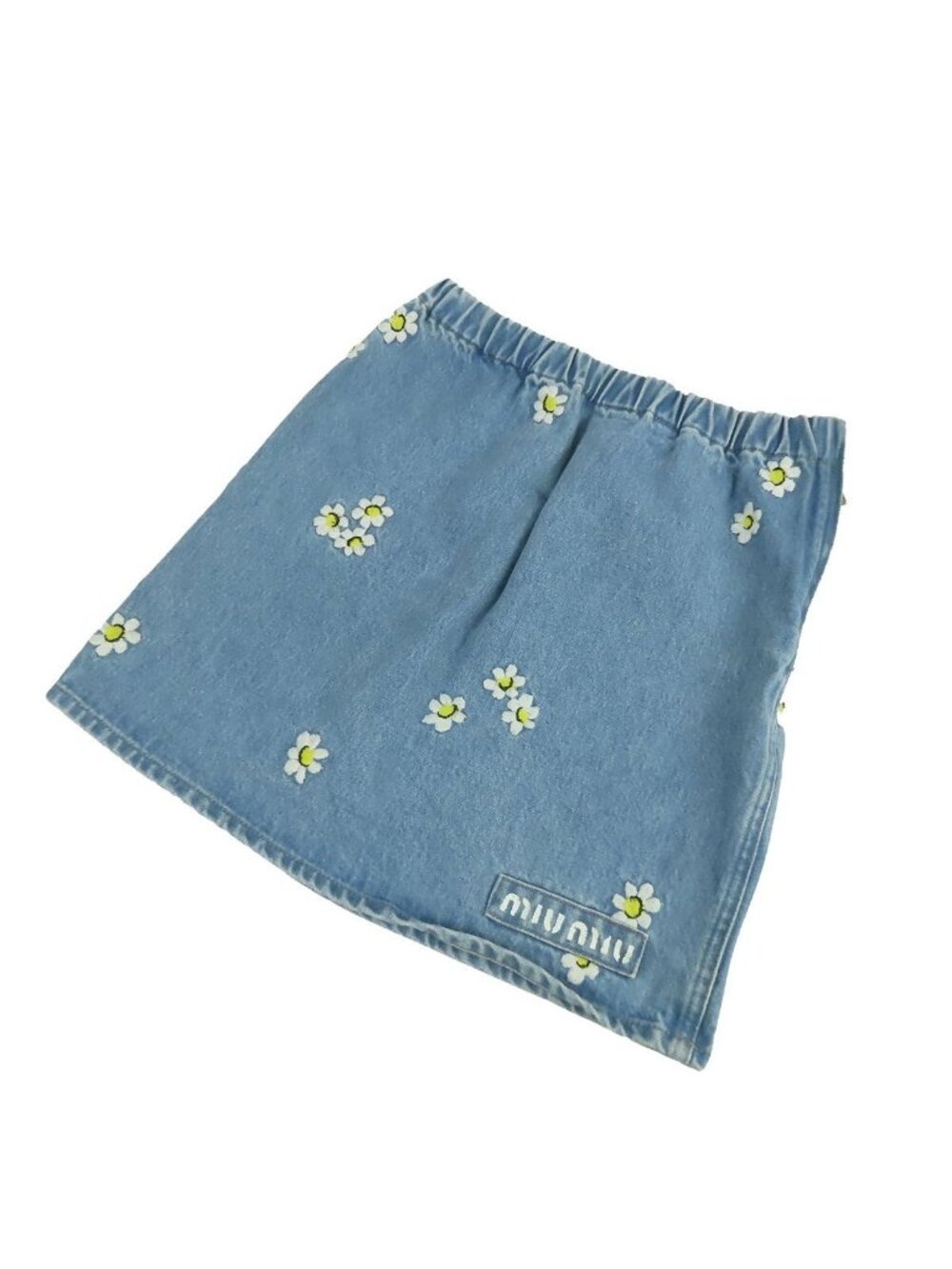 Miu Miu Skirt Blue Cotton Denim Floral Embroidery Flower Stitch